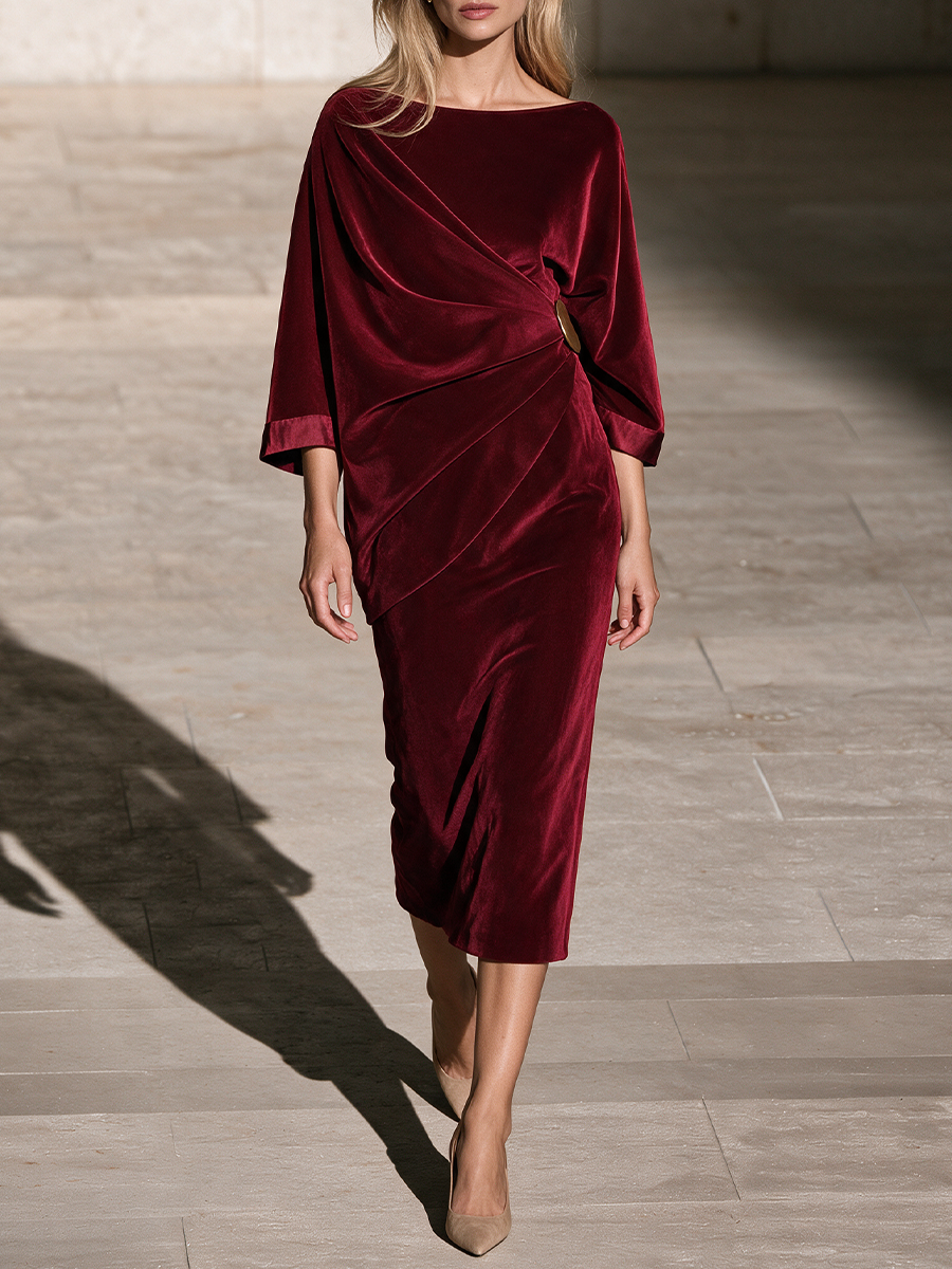 Women's Burgundy Velvet Draped Midi Dress