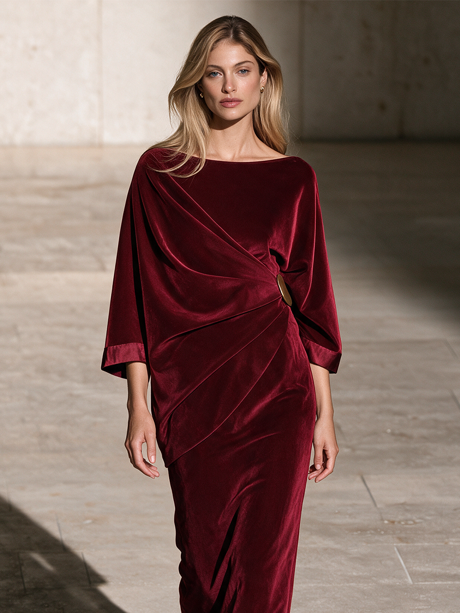 Women's Burgundy Velvet Draped Midi Dress