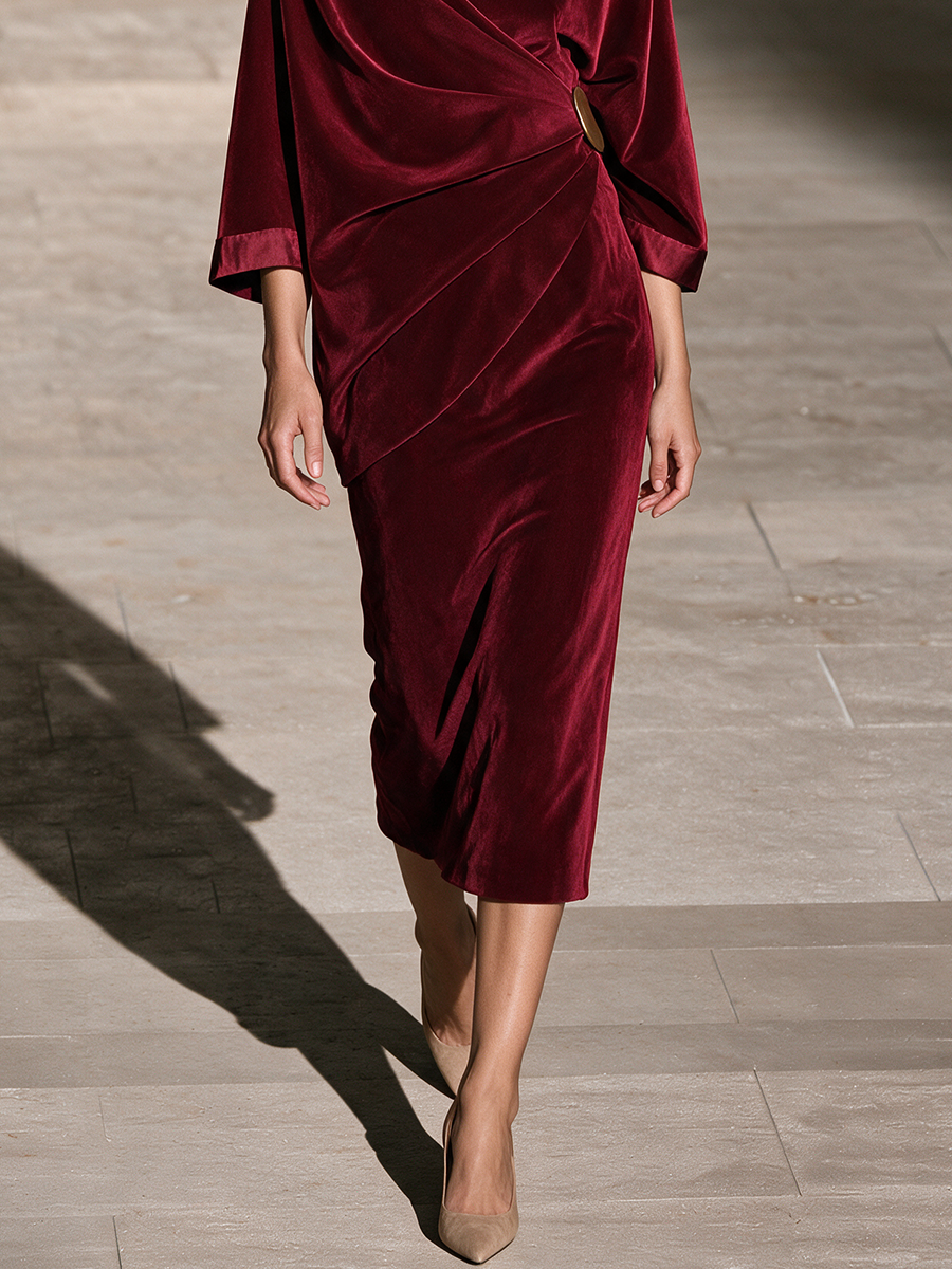 Women's Burgundy Velvet Draped Midi Dress