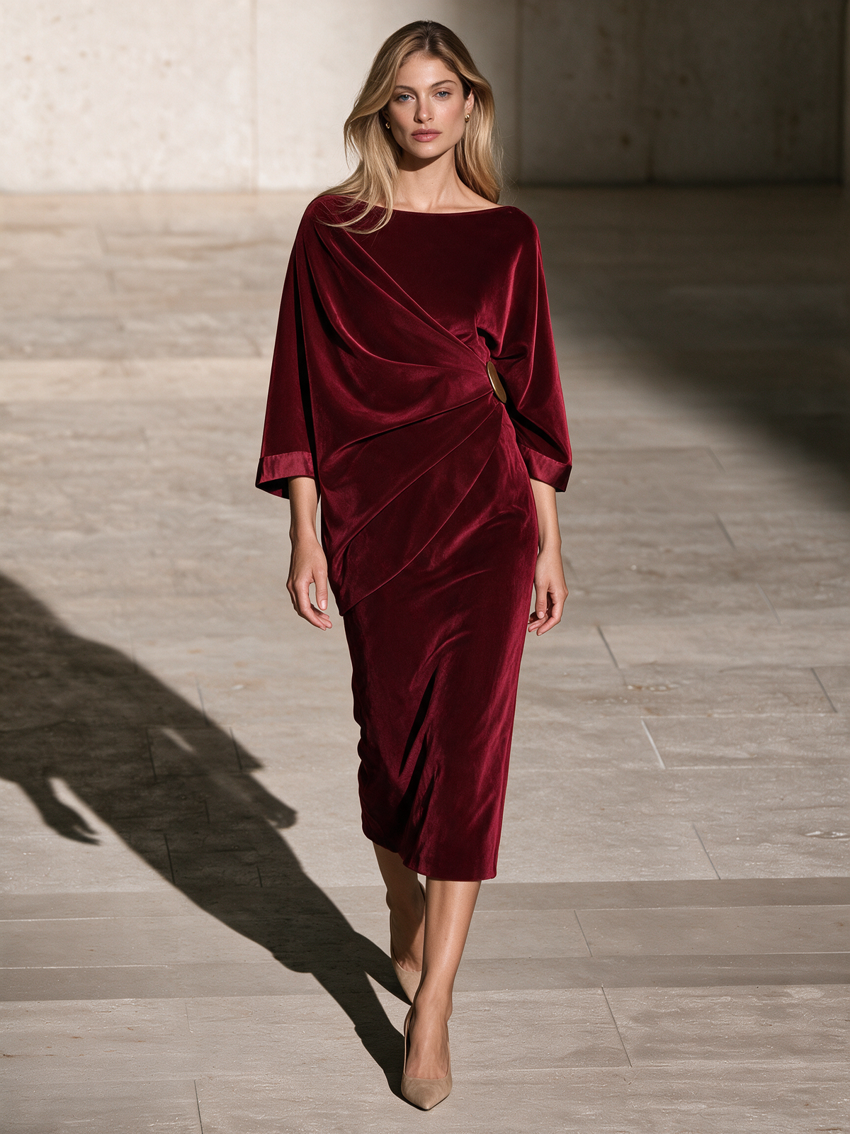 Women's Burgundy Velvet Draped Midi Dress
