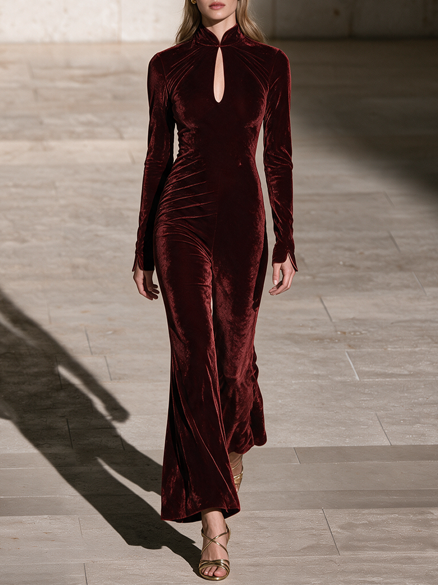 Women's Burgundy Velvet Mandarin Collar Keyhole Jumpsuit