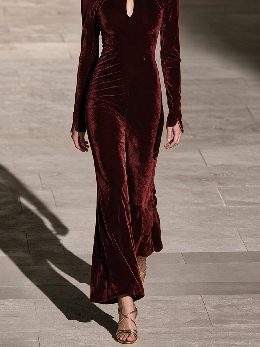 Women's Burgundy Velvet Mandarin Collar Keyhole Jumpsuit