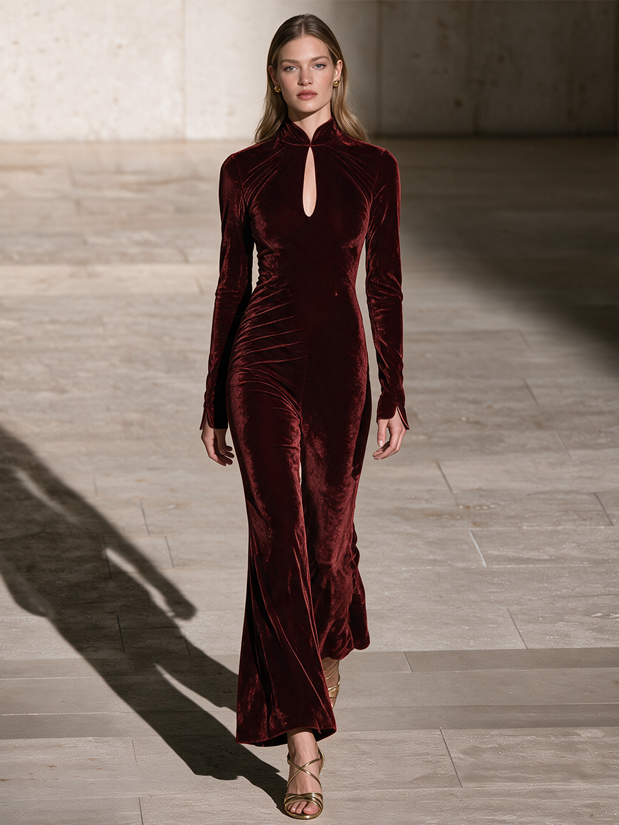 Women's Burgundy Velvet Mandarin Collar Keyhole Jumpsuit