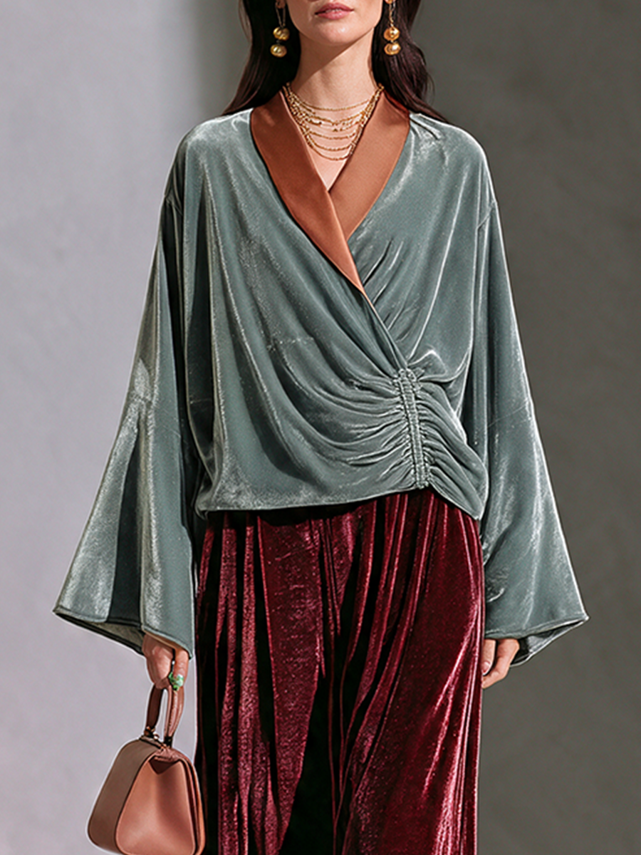 Women's Contrast V-Neck Drop-Shoulder Wide-Sleeve Side-Ruched Wrap Velvet Top