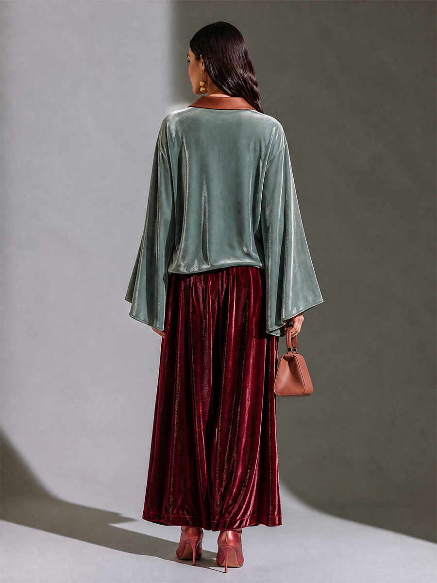 Women's Contrast V-Neck Drop-Shoulder Wide-Sleeve Side-Ruched Wrap Velvet Top