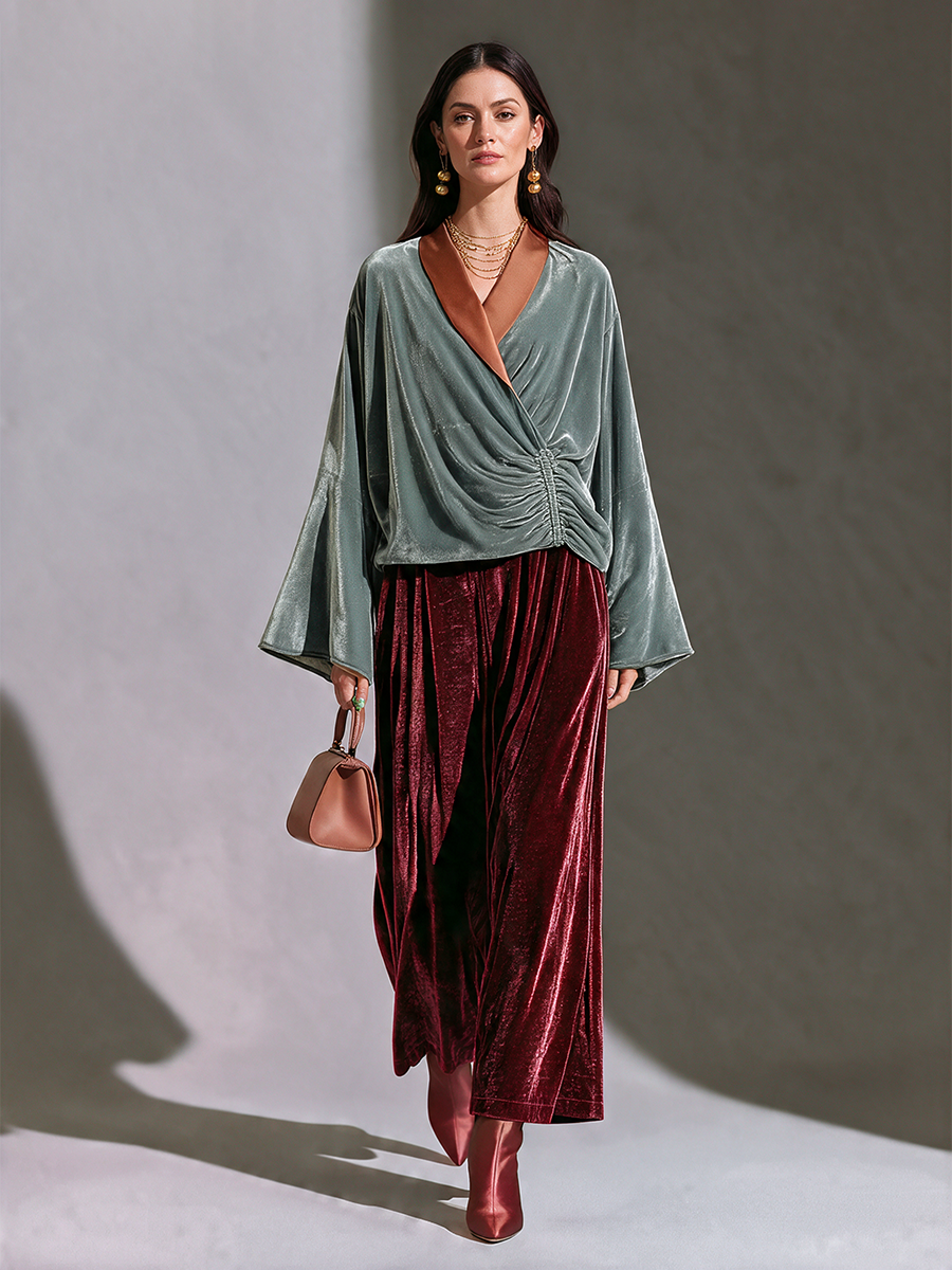 Women's Contrast V-Neck Drop-Shoulder Wide-Sleeve Side-Ruched Wrap Velvet Top