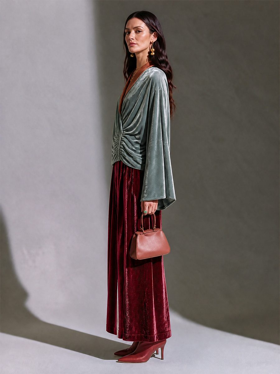 Women's Contrast V-Neck Drop-Shoulder Wide-Sleeve Side-Ruched Wrap Velvet Top