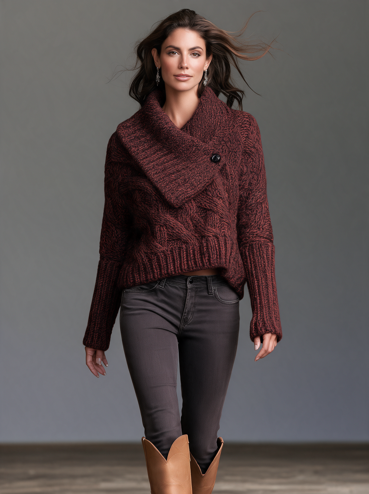 Women's Casual Burgundy Long-Sleeve Pullover Sweater