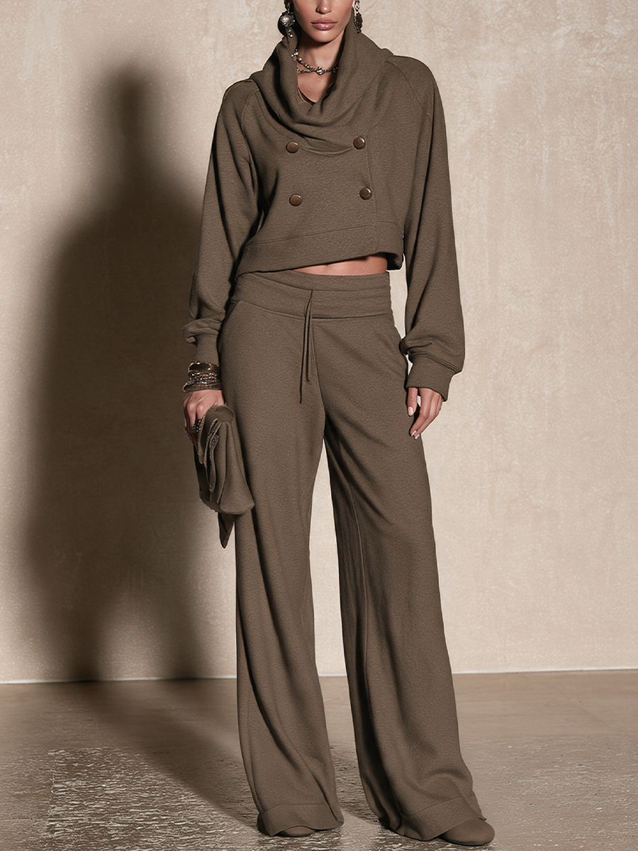Women's Double-Breasted Detail Casual Cowl Neck Top And Wide-Leg Pants Set