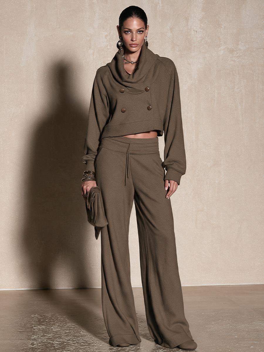 Women's Double-Breasted Detail Casual Cowl Neck Top And Wide-Leg Pants Set
