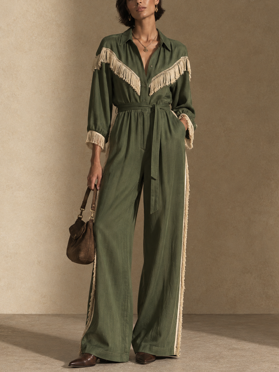 Women's Contrast Fringe Western Collared Wide-Leg Jumpsuit