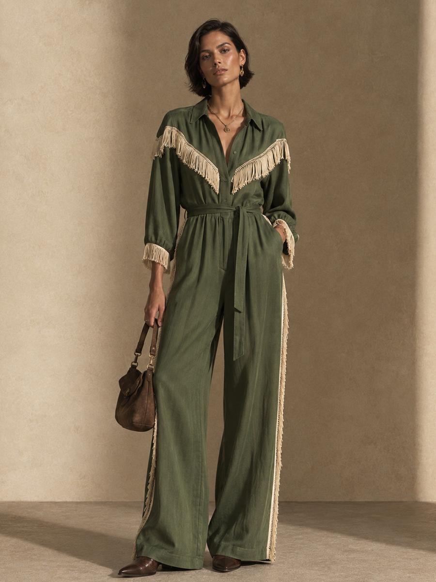 Women's Contrast Fringe Western Collared Wide-Leg Jumpsuit