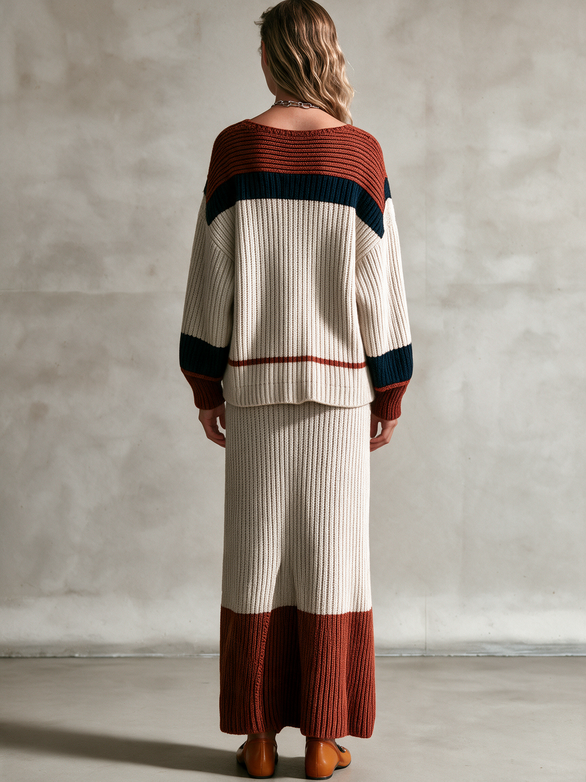 Women's Color‑Block Ribbed Knit V‑Neck Top & Midi Skirt Two‑Piece Set