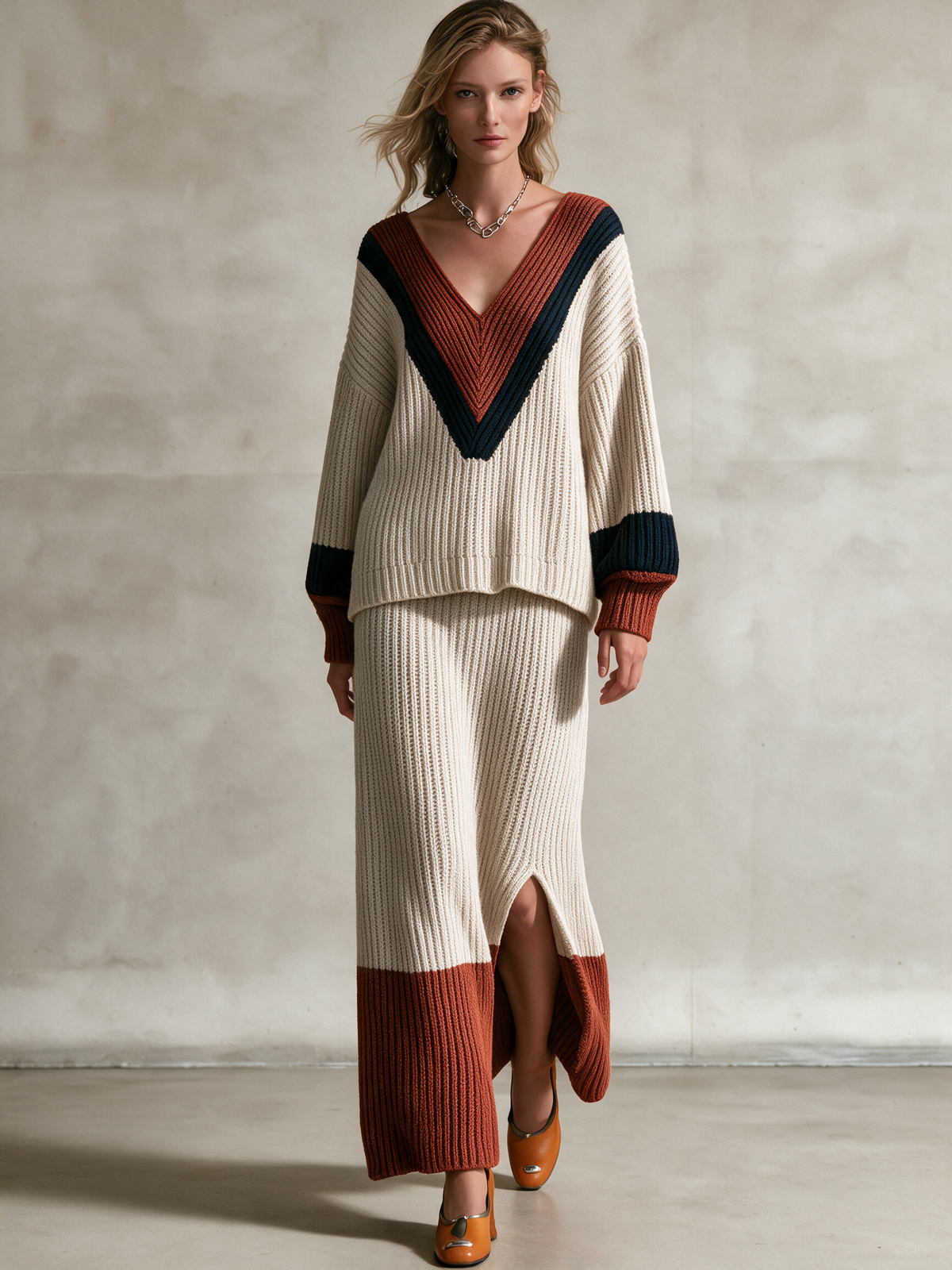 Women's Color‑Block Ribbed Knit V‑Neck Top & Midi Skirt Two‑Piece Set