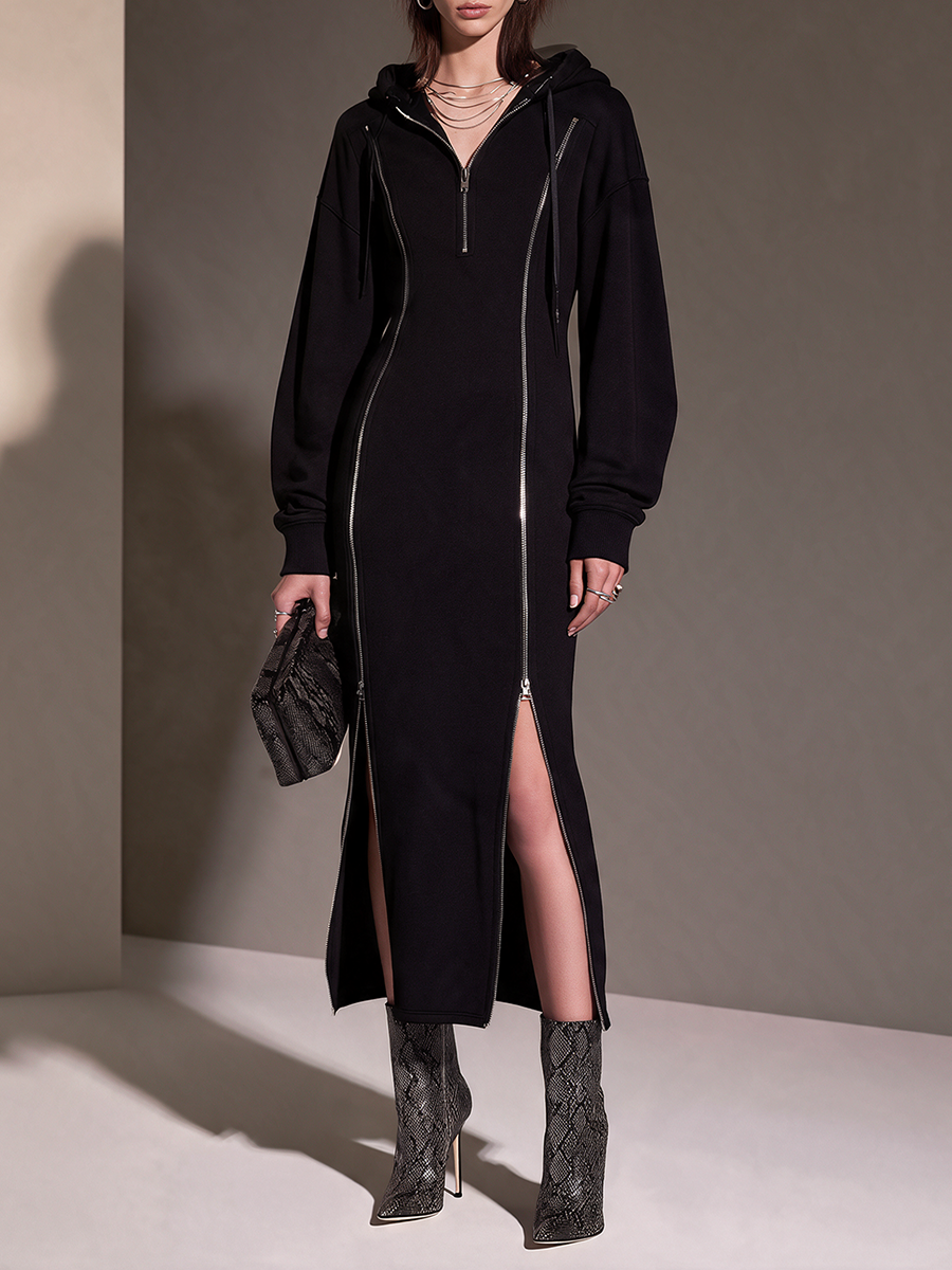 Women's Black Hooded Half-Zip Sweatshirt With Double Zip Slits Maxi Dress