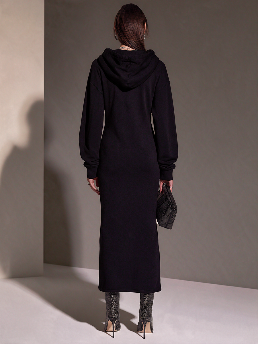 Women's Black Hooded Half-Zip Sweatshirt With Double Zip Slits Maxi Dress