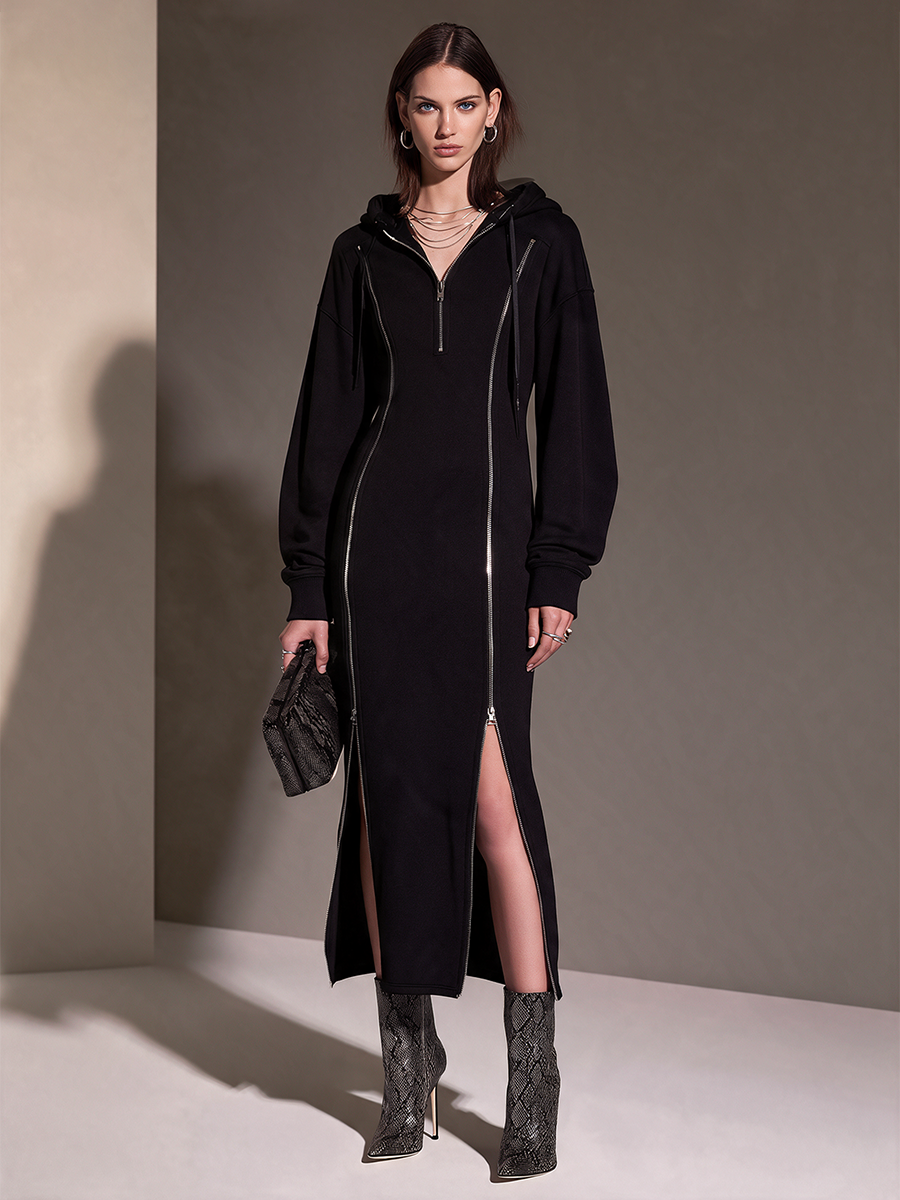 Women's Black Hooded Half-Zip Sweatshirt With Double Zip Slits Maxi Dress