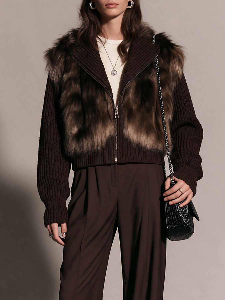 Women's Artificial Fur Panel Ribbed Wool Knit Collared Zip-Up Cropped Jacket