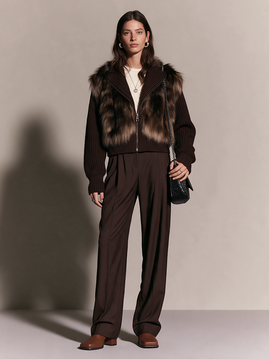 Women's Artificial Fur Panel Ribbed Wool Knit Collared Zip-Up Cropped Jacket