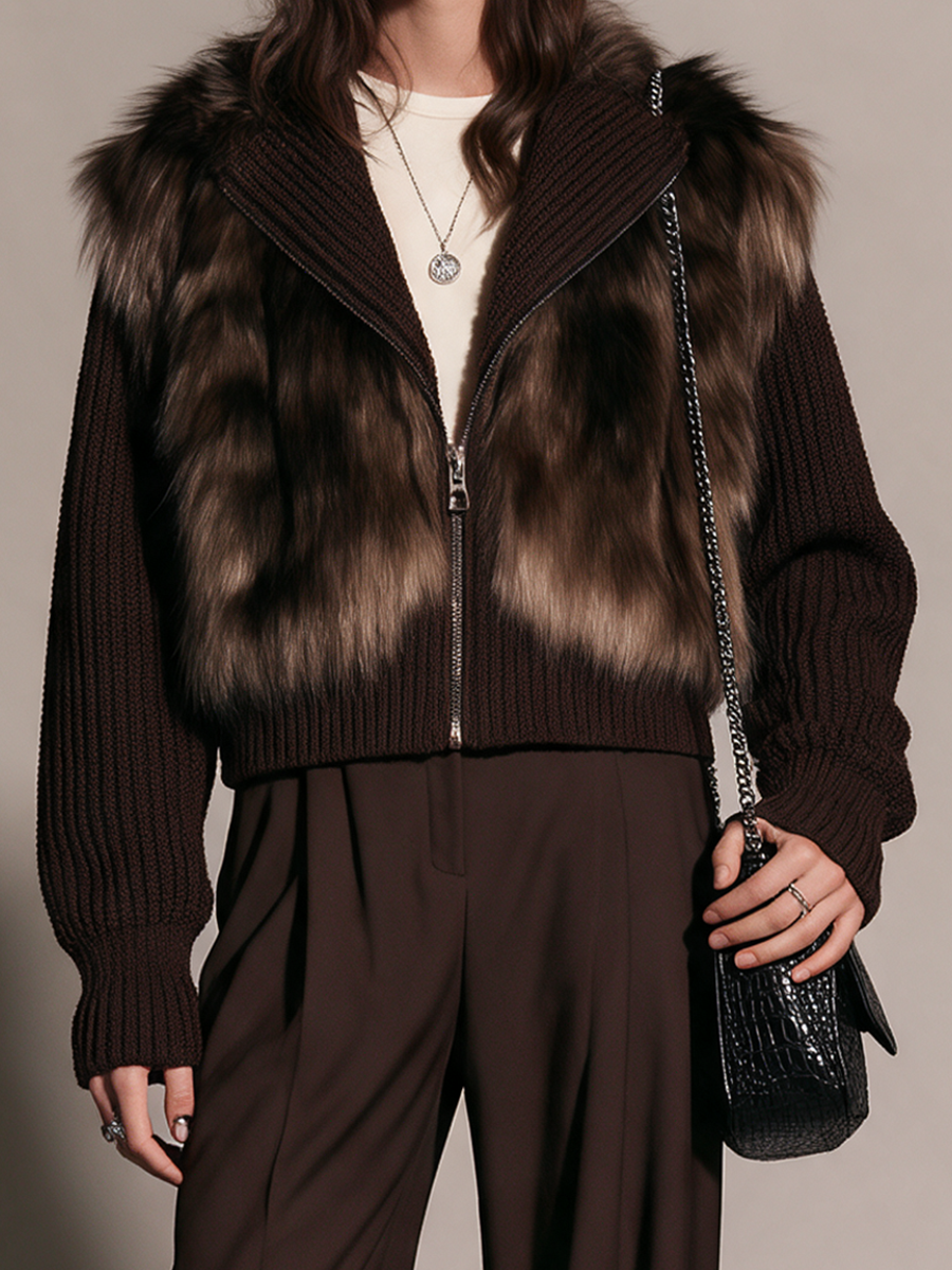 Women's Artificial Fur Panel Ribbed Wool Knit Collared Zip-Up Cropped Jacket