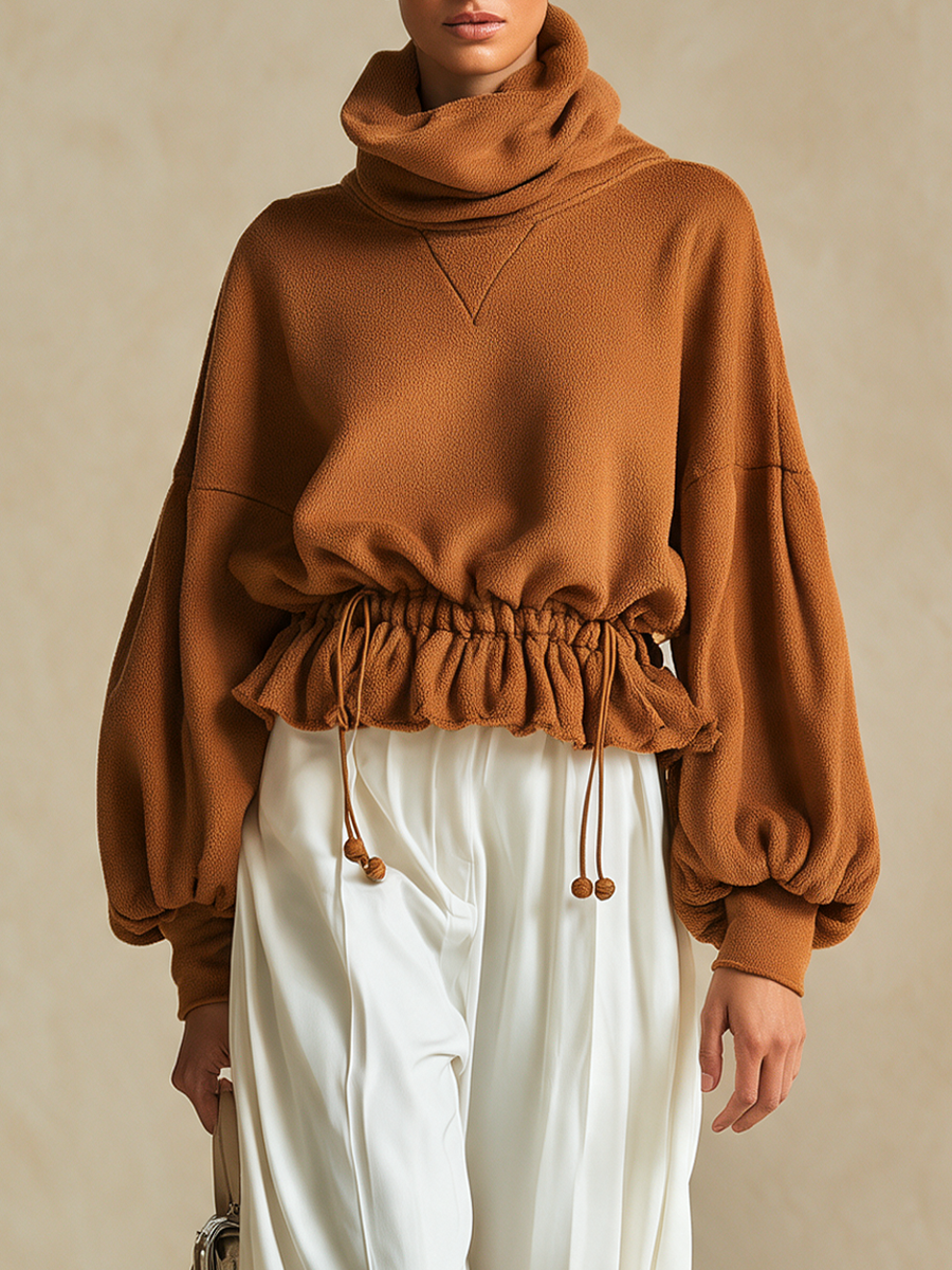 Women's Caramel Brown Fleece Cowl Neck Cropped Sweatshirt