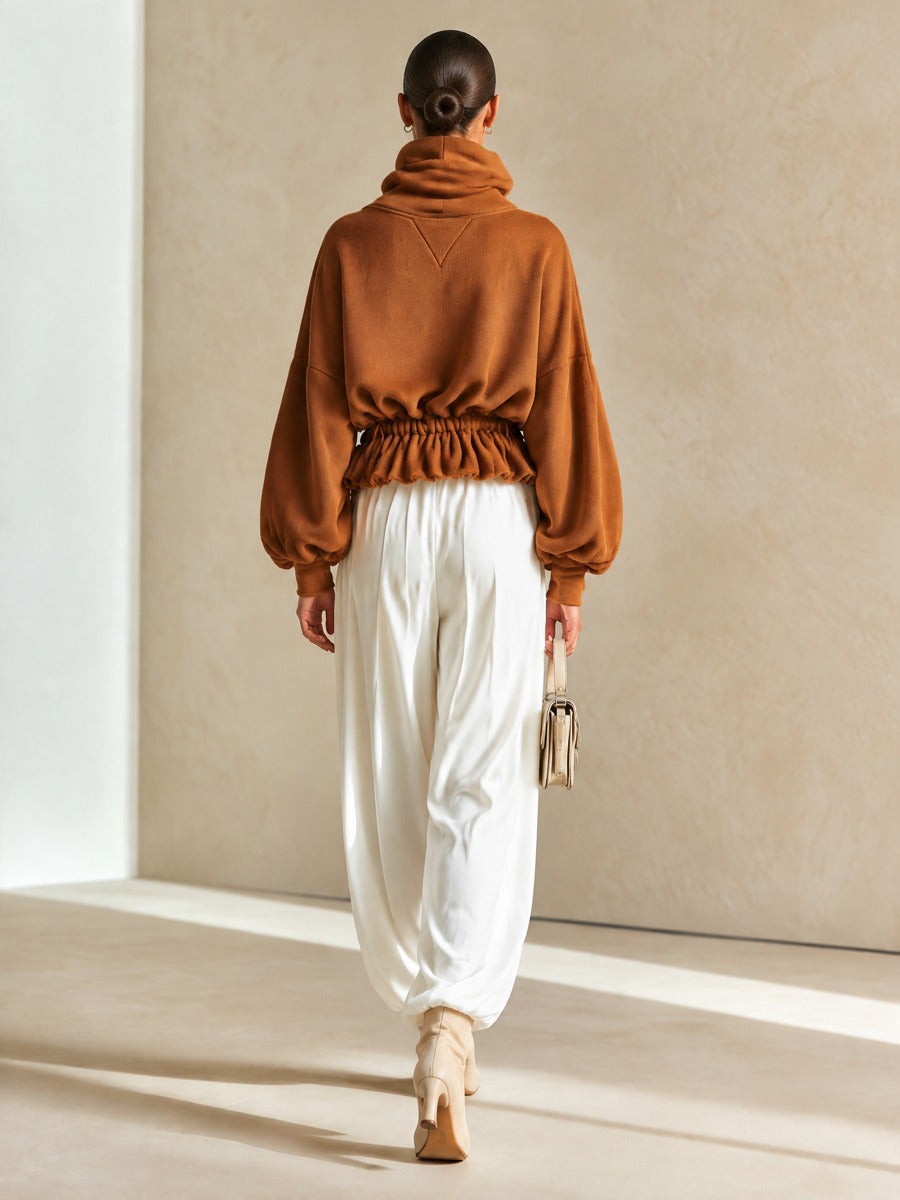 Women's Caramel Brown Fleece Cowl Neck Cropped Sweatshirt