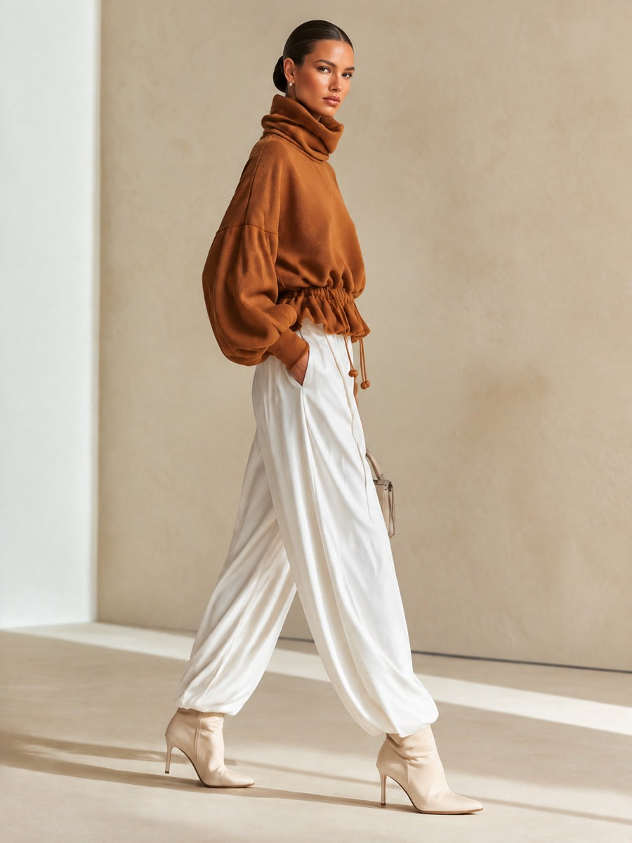 Women's Caramel Brown Fleece Cowl Neck Cropped Sweatshirt