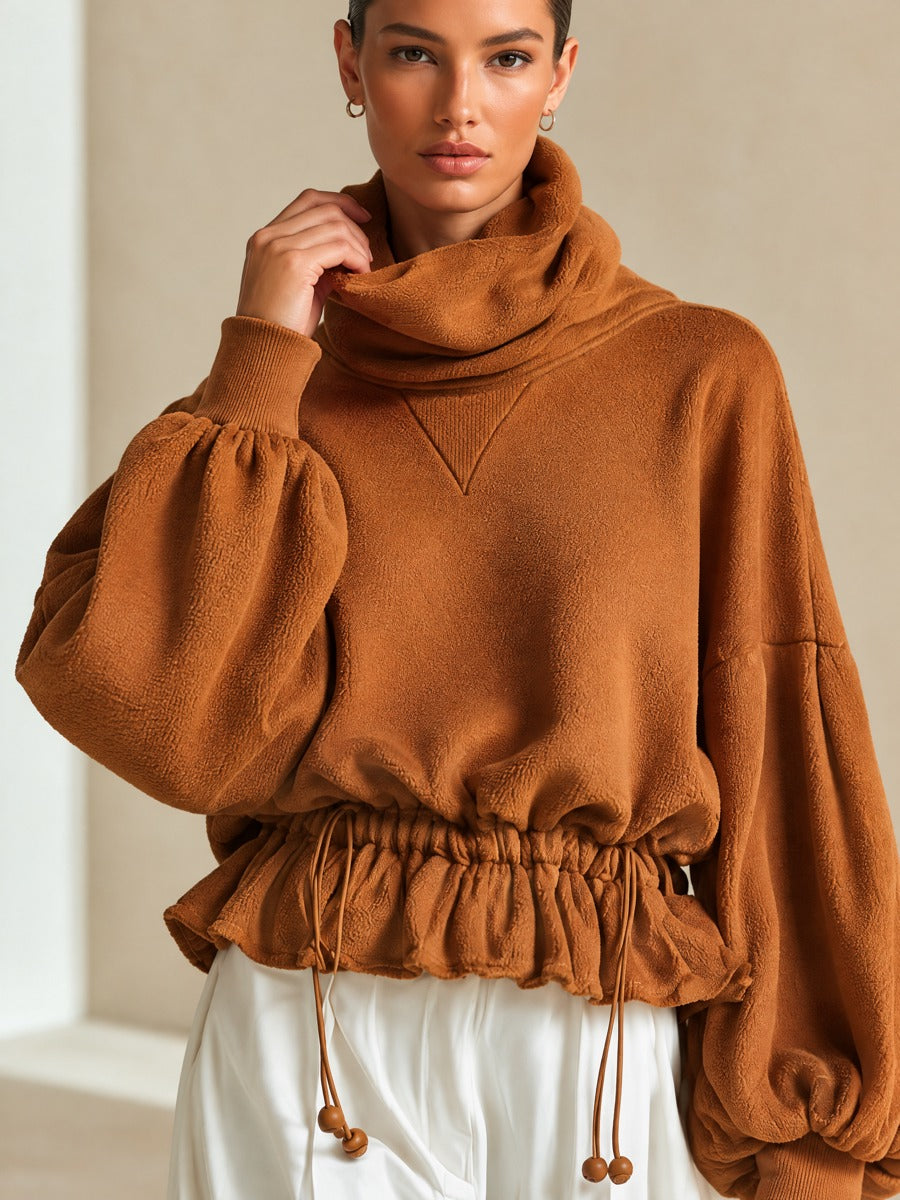 Women's Caramel Brown Fleece Cowl Neck Cropped Sweatshirt