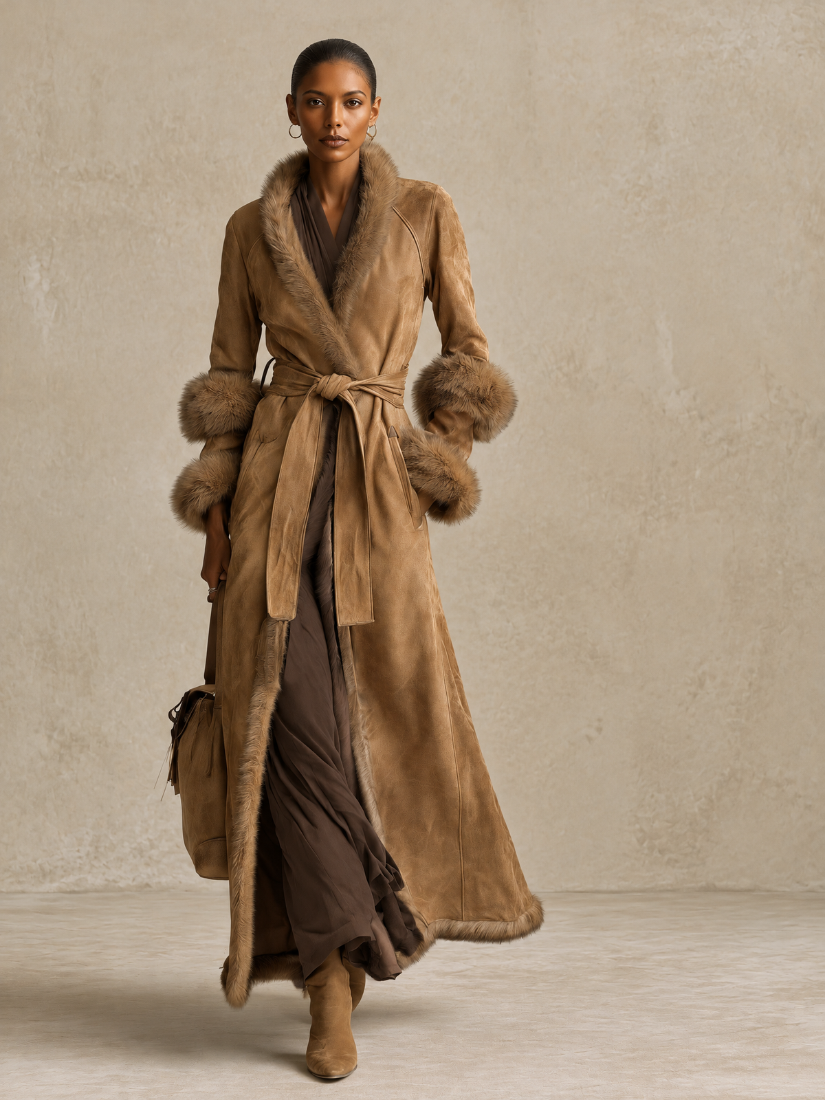 Women's Belted Wrap Maxi Coat with Faux Fur Trim Collar