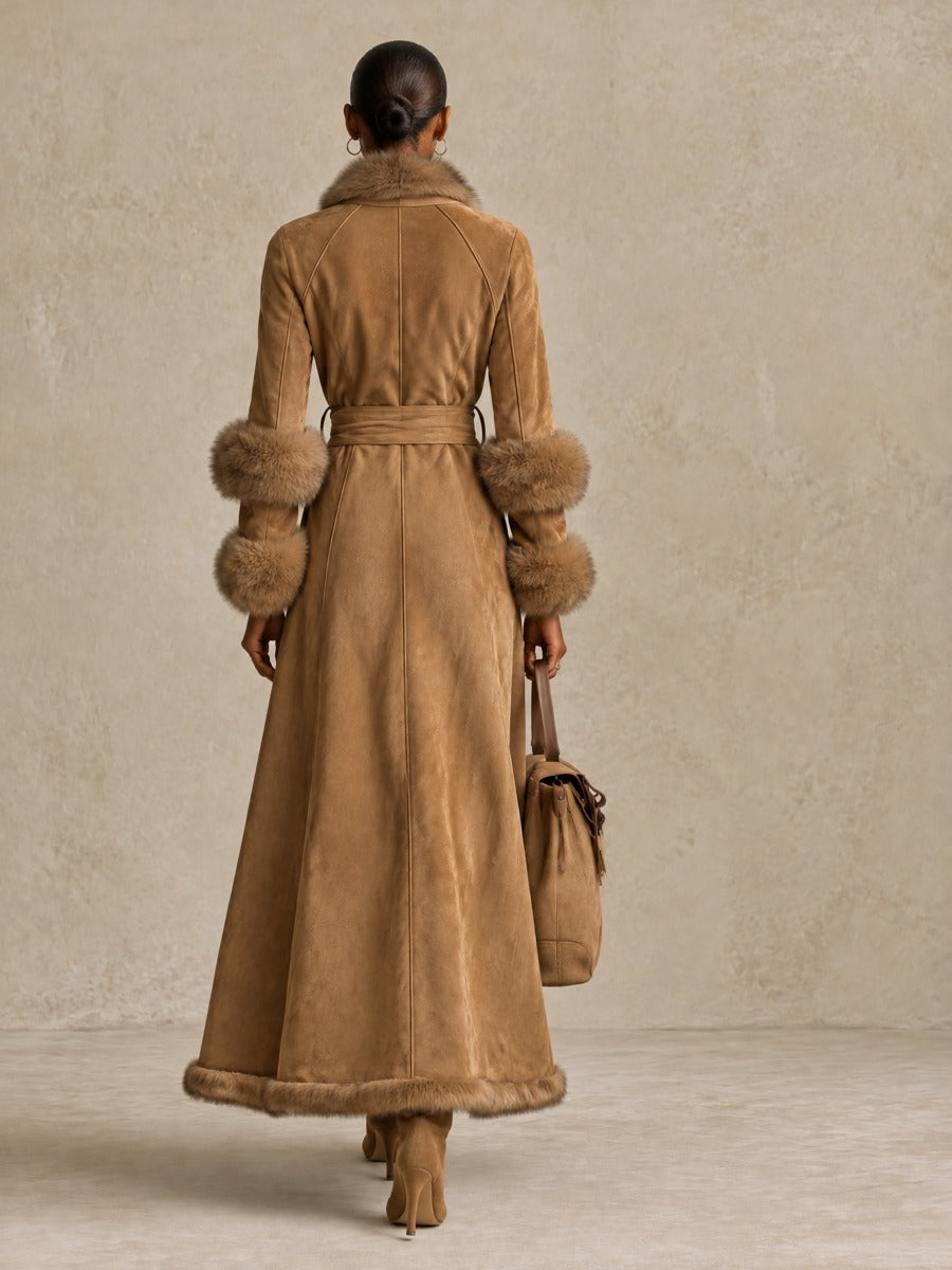 Women's Belted Wrap Maxi Coat with Faux Fur Trim Collar