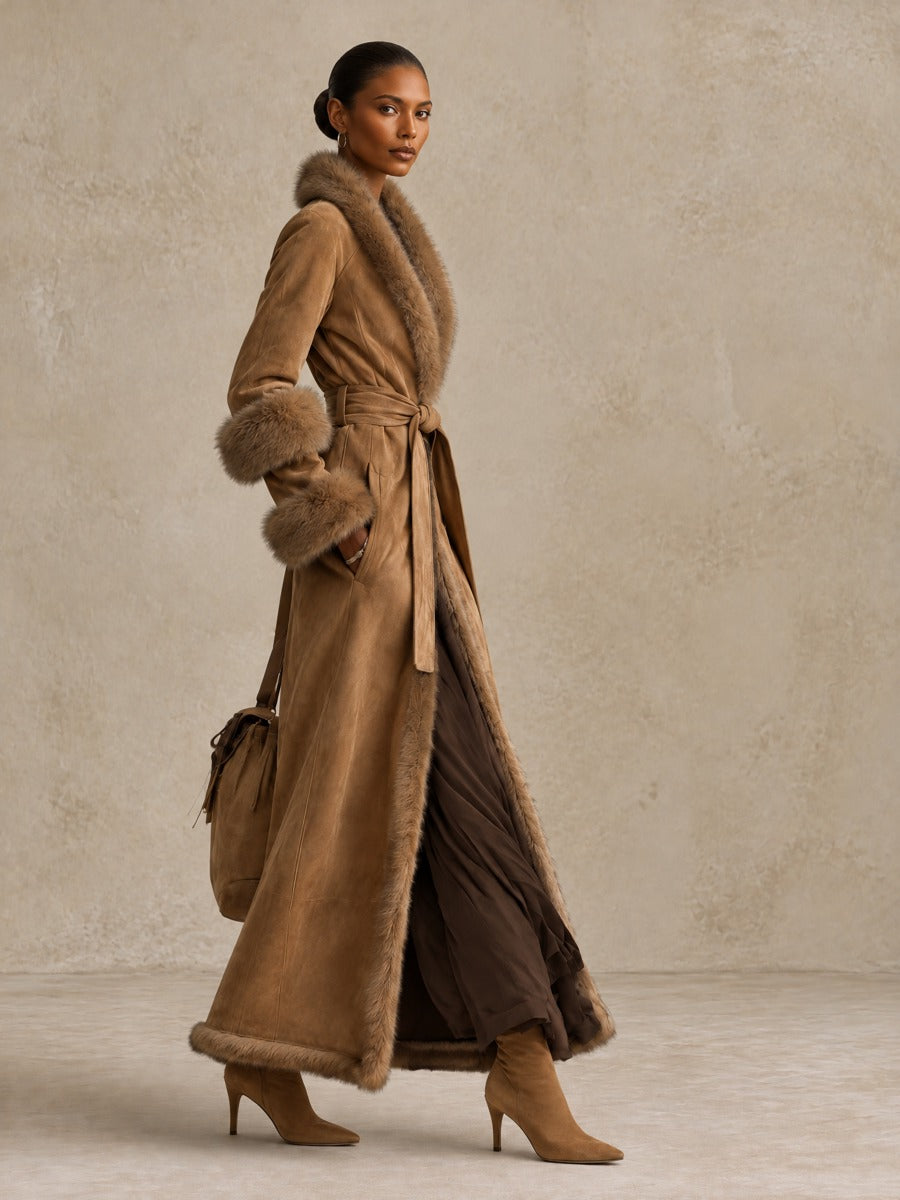 Women's Belted Wrap Maxi Coat with Faux Fur Trim Collar