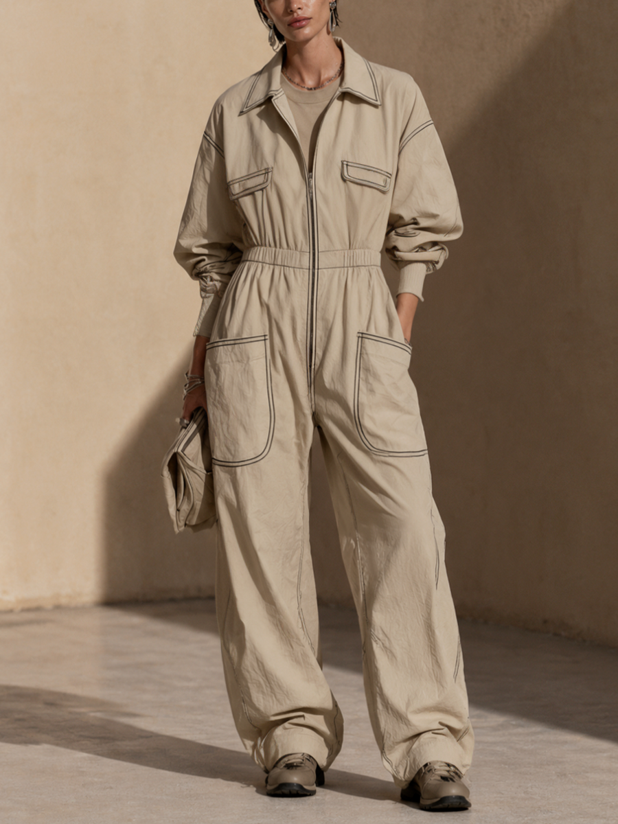 Women's Contrast Stitch Casual Utility Collared Wide-Leg Jumpsuit