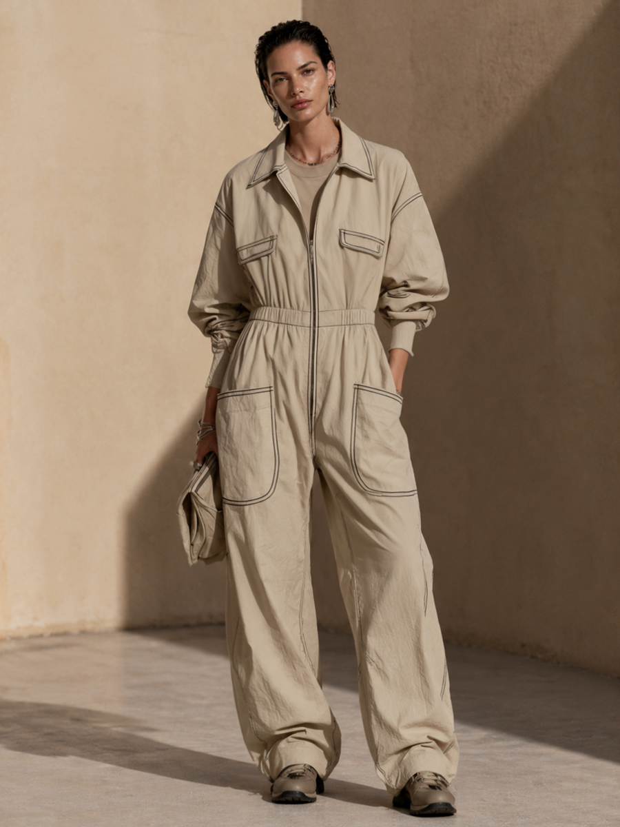 Women's Contrast Stitch Casual Utility Collared Wide-Leg Jumpsuit