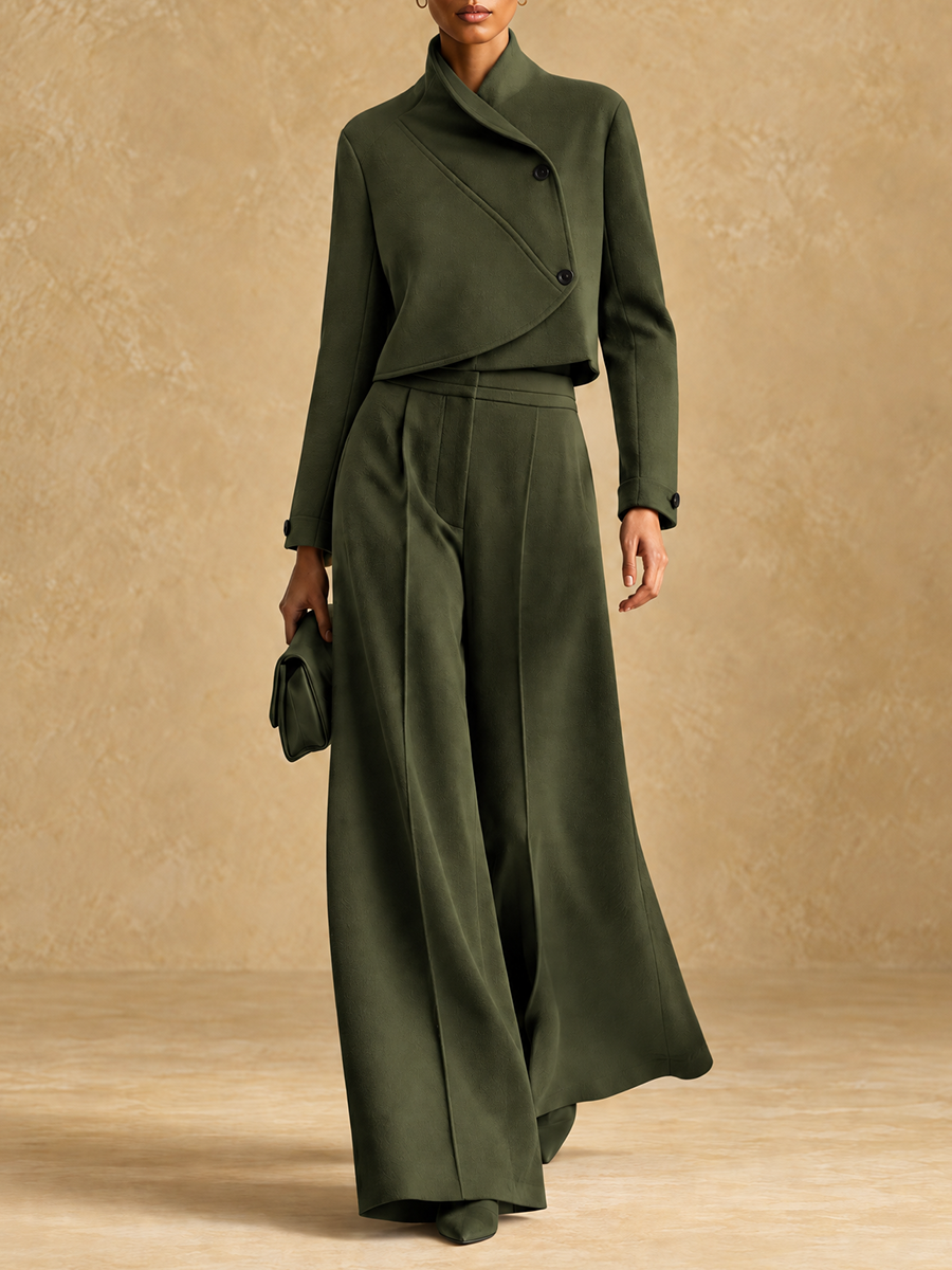 Women's Asymmetric Cropped Jacket and Wide-Leg Trousers Set