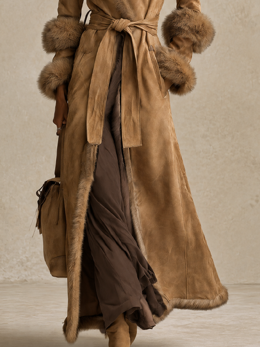 Women's Belted Wrap Maxi Coat with Faux Fur Trim Collar