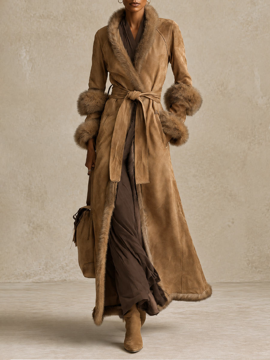 Women's Belted Wrap Maxi Coat with Faux Fur Trim Collar