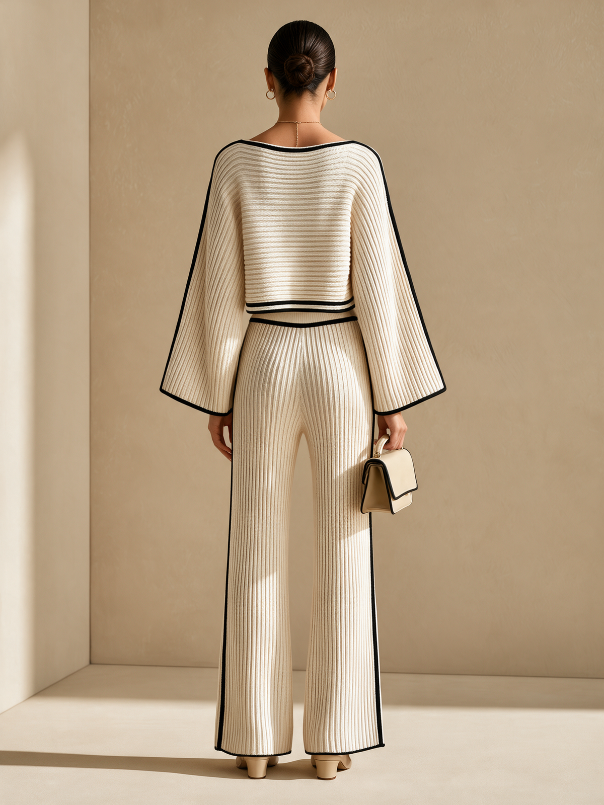 Women's Cream Knit Two-Piece Set with Black Contrast Trim