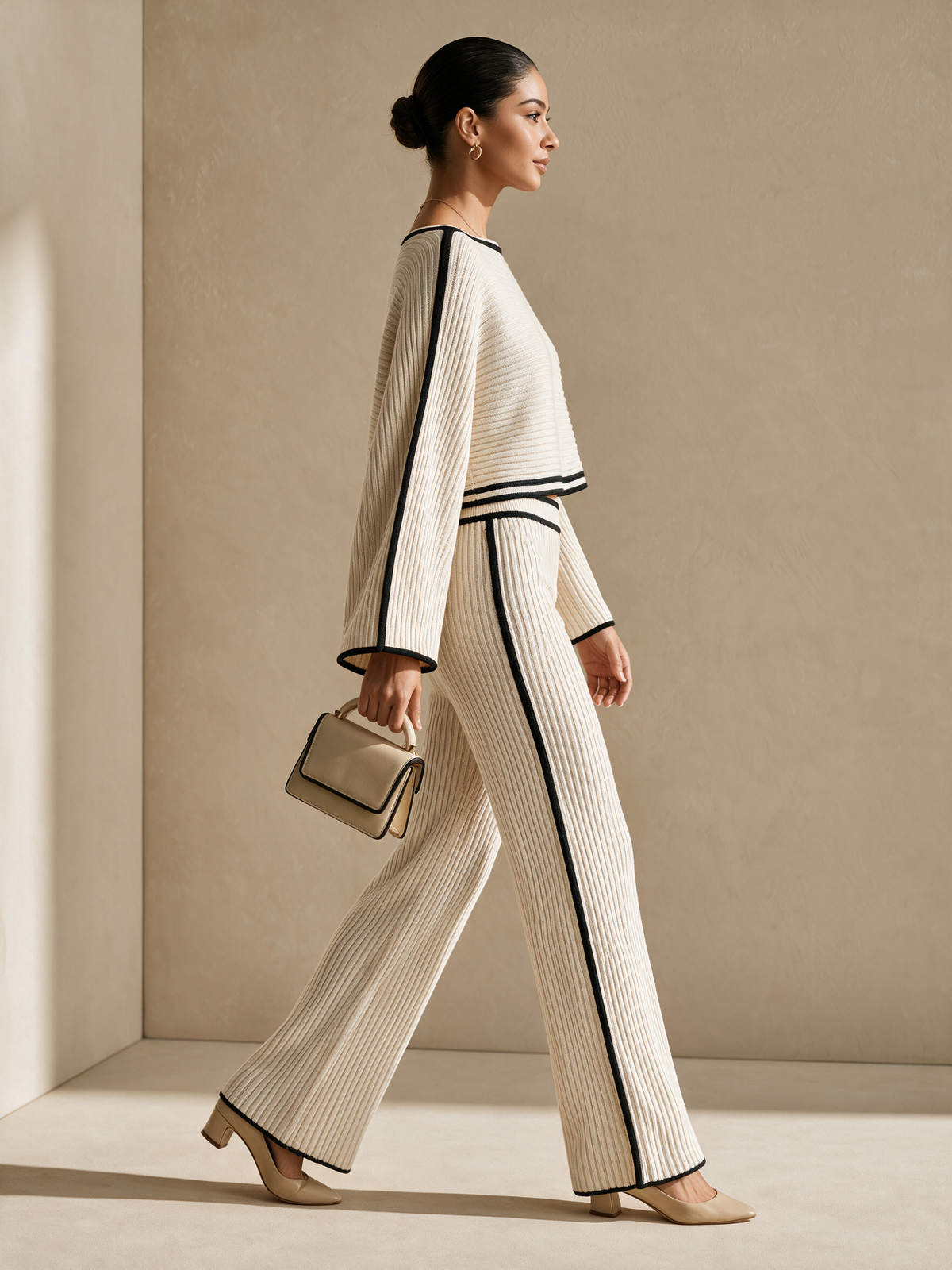 Women's Cream Knit Two-Piece Set with Black Contrast Trim