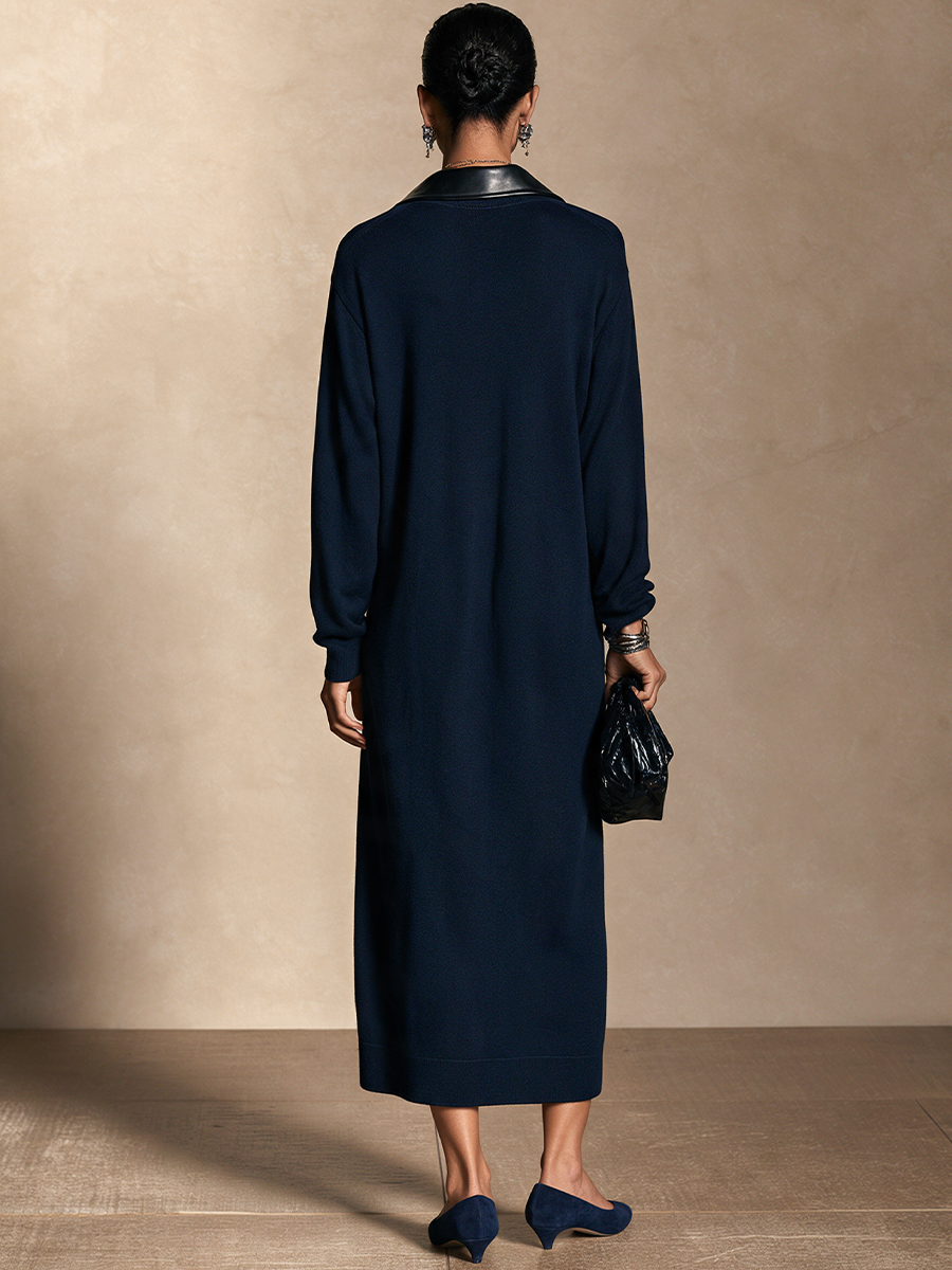 Women's Contrast Button Retro Leather Collar Long Dress