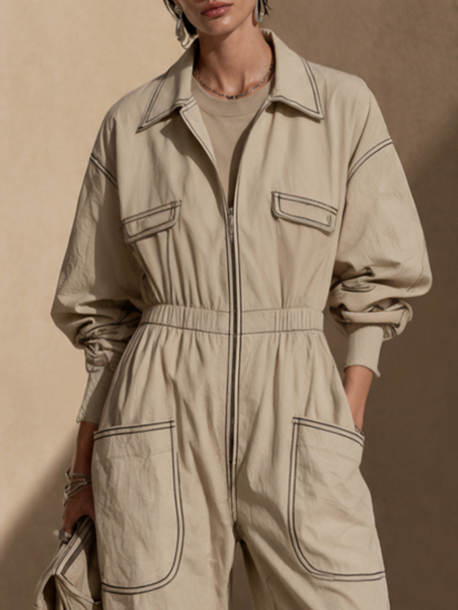 Women's Contrast Stitch Casual Utility Collared Wide-Leg Jumpsuit