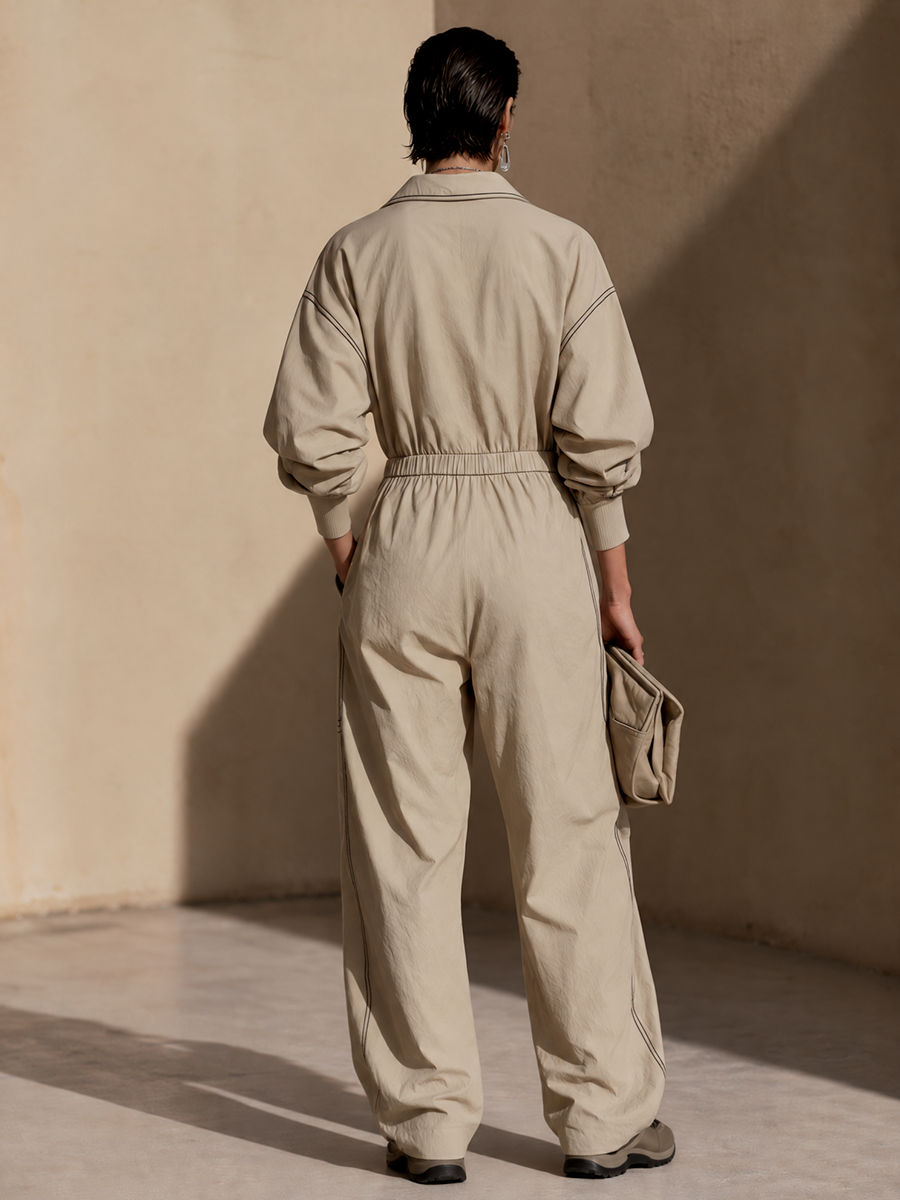 Women's Contrast Stitch Casual Utility Collared Wide-Leg Jumpsuit