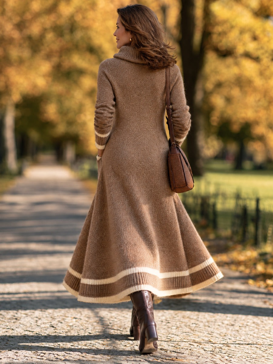 Women's Cowl Neck Sweater Dress With Stripe Trim Knit Maxi Dress
