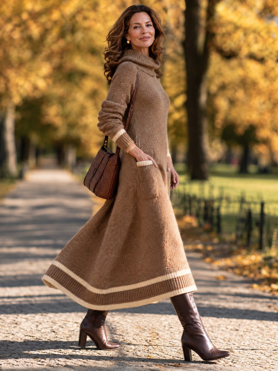 Women's Cowl Neck Sweater Dress With Stripe Trim Knit Maxi Dress