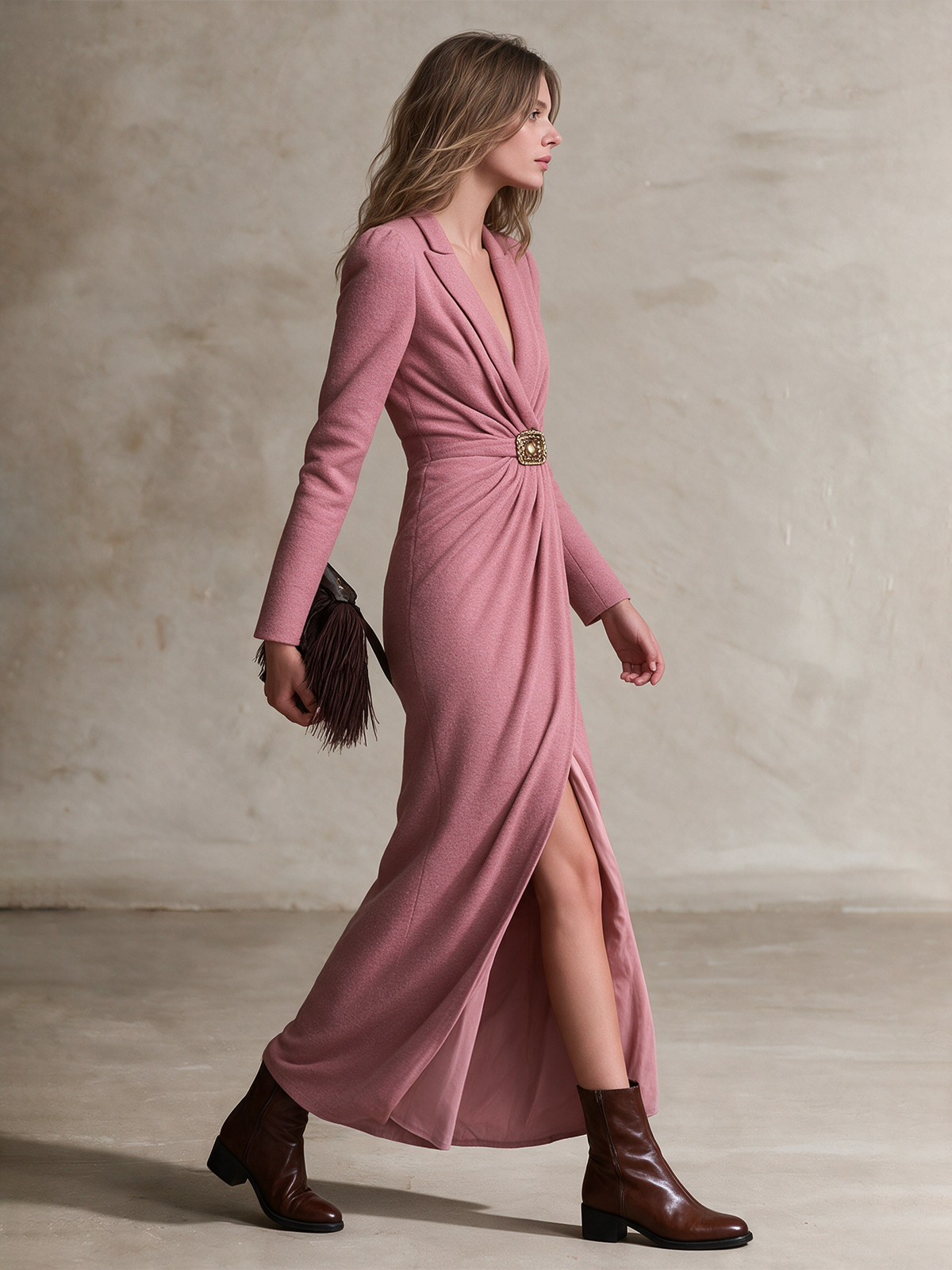 Women's Dusty Rose Lapel Wrap V‑Neck Ruched Waist Long Sleeve Maxi Dress With Front Slit