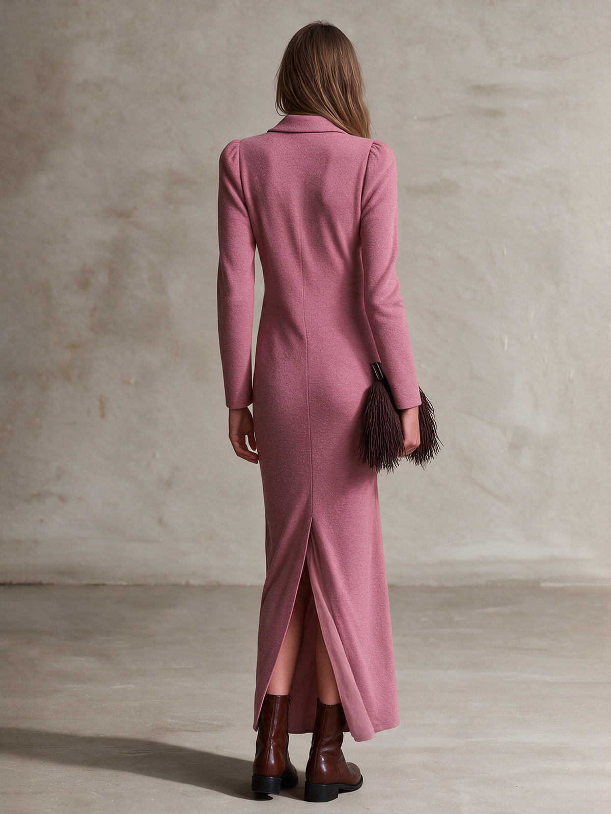 Women's Dusty Rose Lapel Wrap V‑Neck Ruched Waist Long Sleeve Maxi Dress With Front Slit