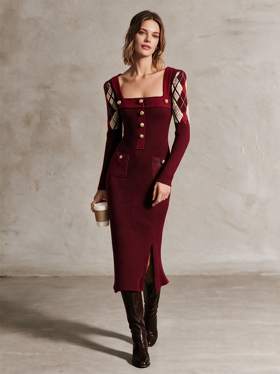 Women's Burgundy Square‑Neck Button‑Front Argyle Shoulder Knit Midi Dress
