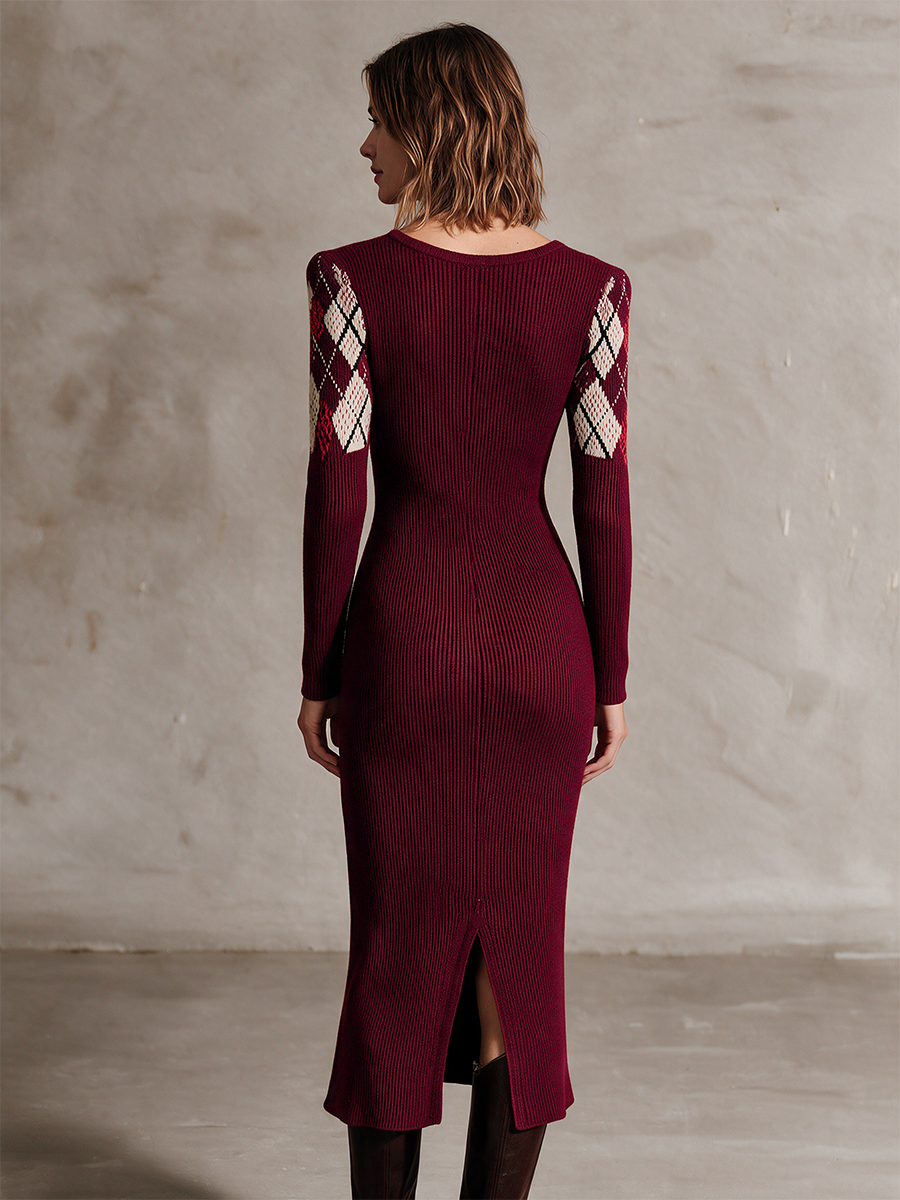Women's Burgundy Square‑Neck Button‑Front Argyle Shoulder Knit Midi Dress