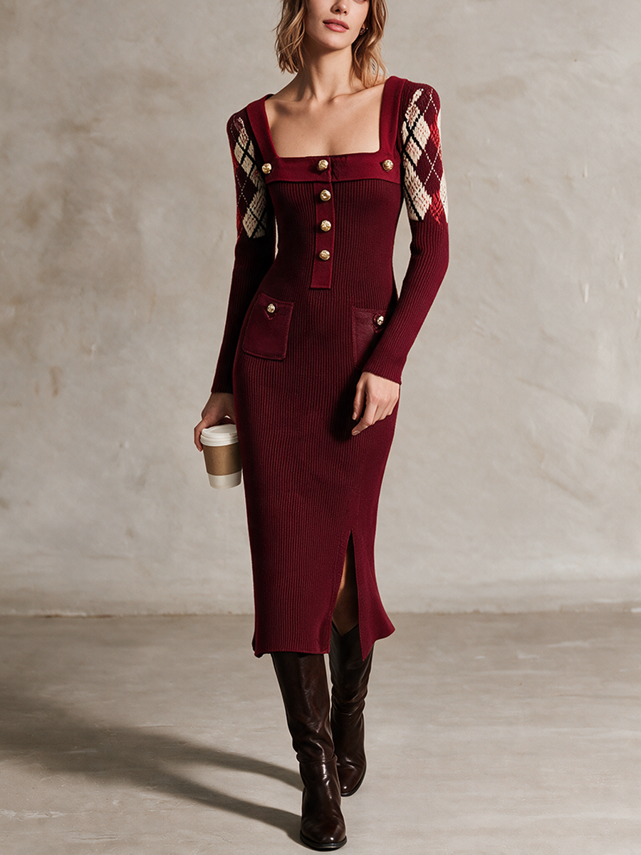Women's Burgundy Square‑Neck Button‑Front Argyle Shoulder Knit Midi Dress