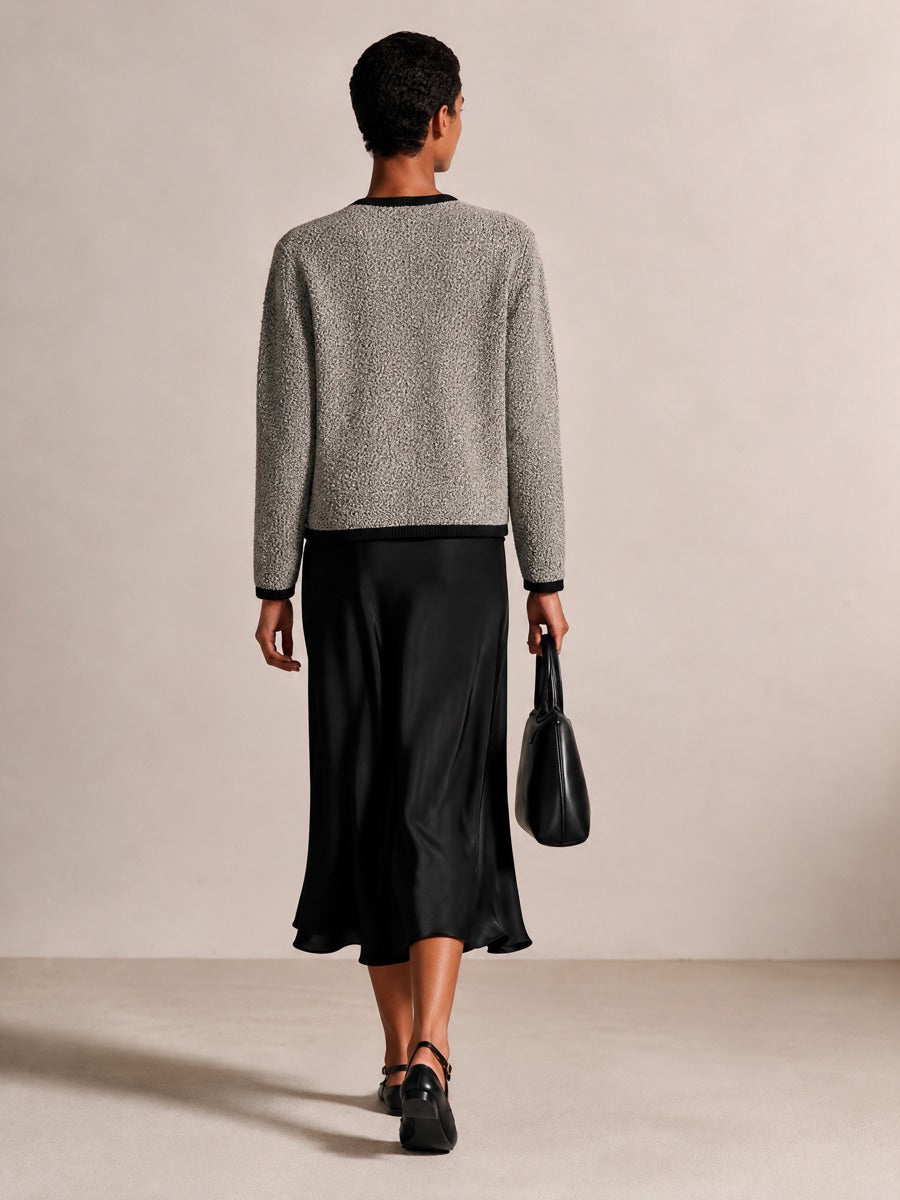 Women's Contrast Trim Crewneck Knit Cardigan And Satin Skirt Set
