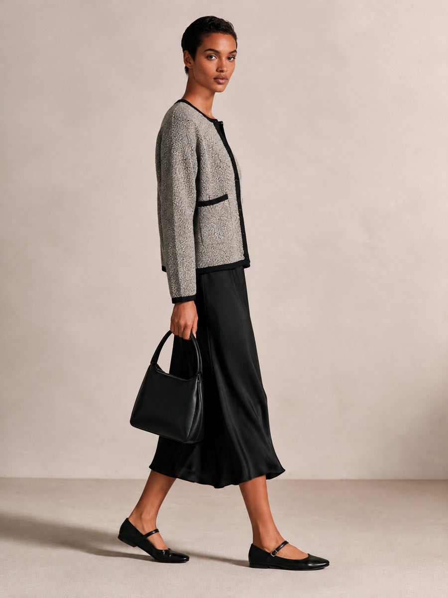 Women's Contrast Trim Crewneck Knit Cardigan And Satin Skirt Set